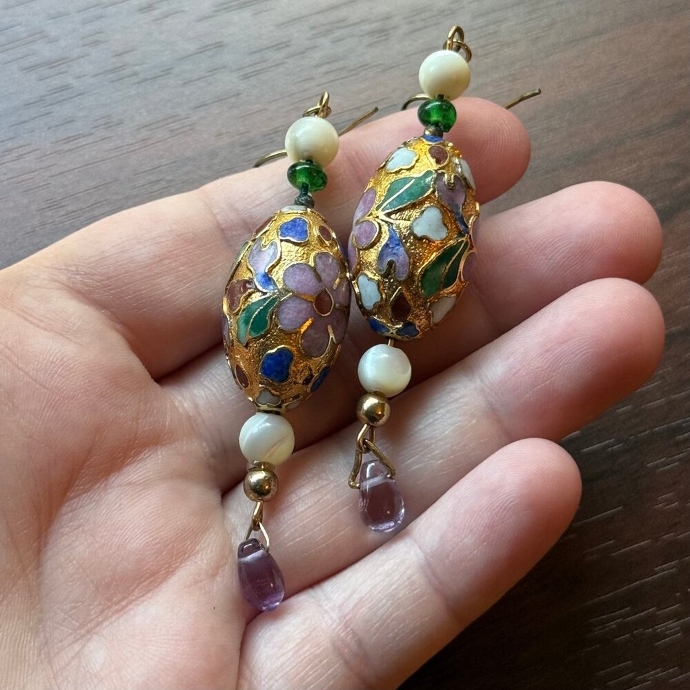 Vintage Gold Tone Floral Cloisonne Earrings with Shell Accents
